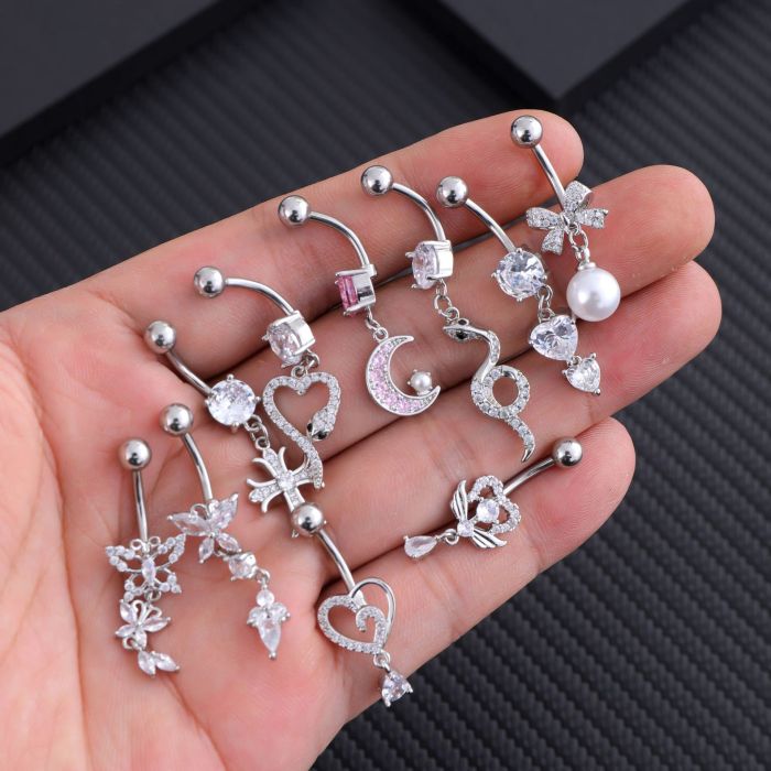 Cross-Border E-commerce New Pearl Heart-Shaped Snake Cross Pink Zircon Belly Button Ring Stainless Steel Zircon Belly Button Stud