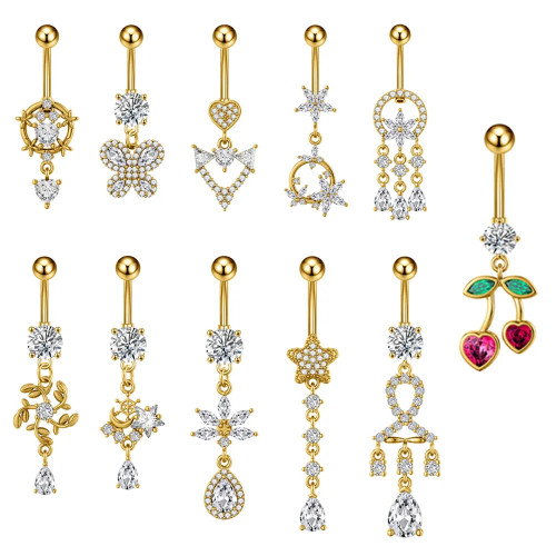 Cross-Border Belly Button Ring New Heart Cherry Pearl Moon Pentagram Full Zircon Butterfly Zircon Stainless Steel Belly Button Ring