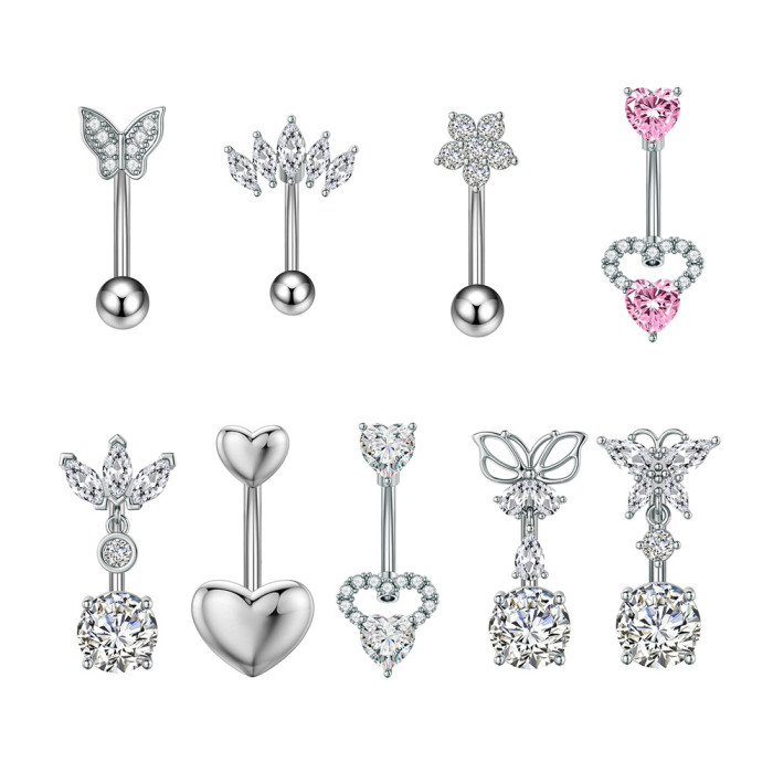 Cross-Border E-commerce Belly Button Ring Round Zircon Butterfly Horse Eye Heart Shape Stainless Steel Zircon Belly Button Stud Online Wholesale