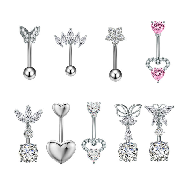 Cross-Border E-commerce Belly Button Ring Round Zircon Butterfly Horse Eye Heart Shape Stainless Steel Zircon Belly Button Stud Online Wholesale