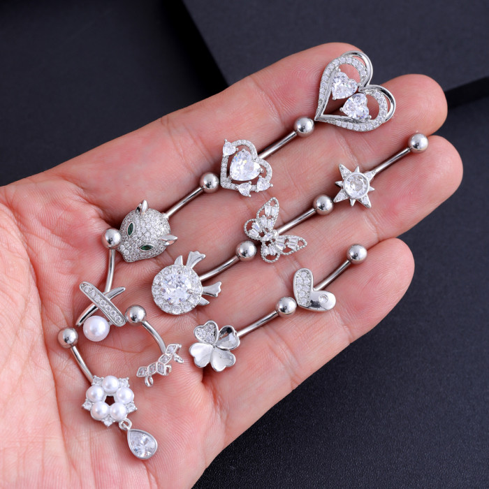 Cross-Border E-commerce New Stainless Steel Zircon Belly Button Ring Belly Button Stud Butterfly Pearl Chain Belly Button Ring Online Wholesale