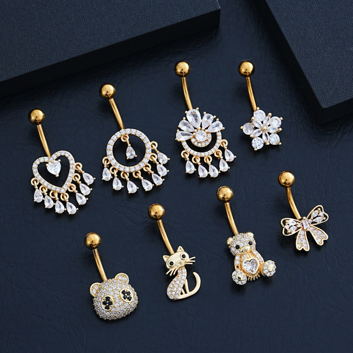 Cross-Border Stainless Steel Belly Button Ring Zircon Micro-Inlaid Little Panda Round Small Water Drop Personality Belly Button Piercing Jewelry