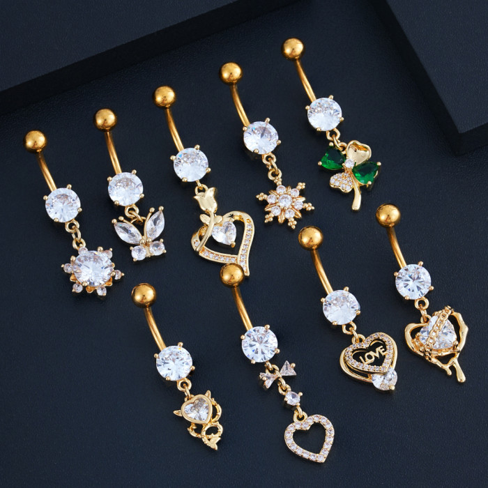 Amazon Cross-Border Belly Button Ring Butterfly Shiny Zircon Pendant Belly Button Stud European and American Piercing Jewelry In Stock Wholesale