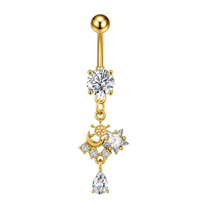 Cross-Border Belly Button Ring New Heart Cherry Pearl Moon Pentagram Full Zircon Butterfly Zircon Stainless Steel Belly Button Ring