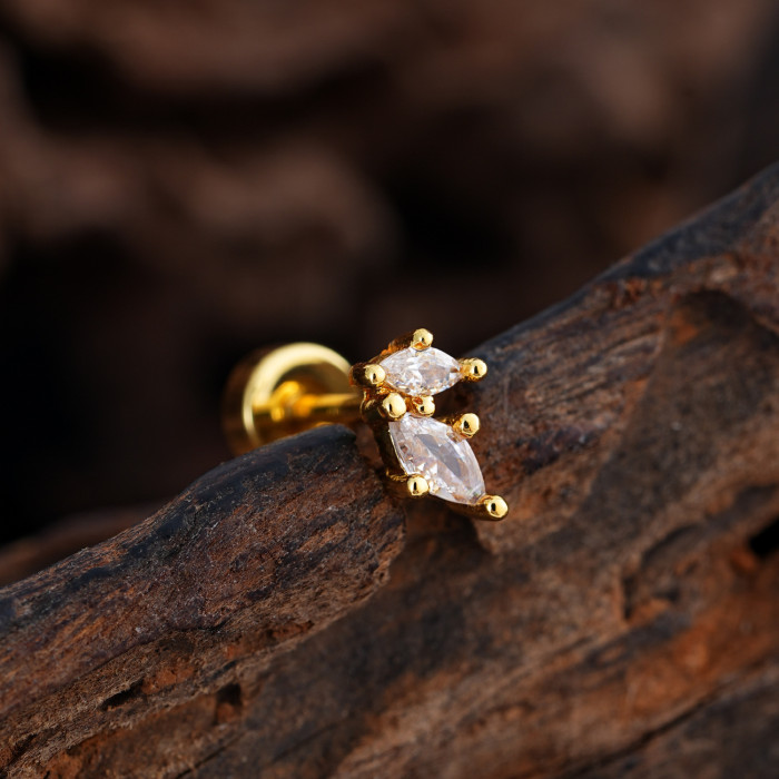 Cross-Border Minimalist Niche Micro Inlaid Zircon Ear Bone Studs Exquisite Real Gold Plated Ear Studs Piercing Jewelry 0.8*6*4mm