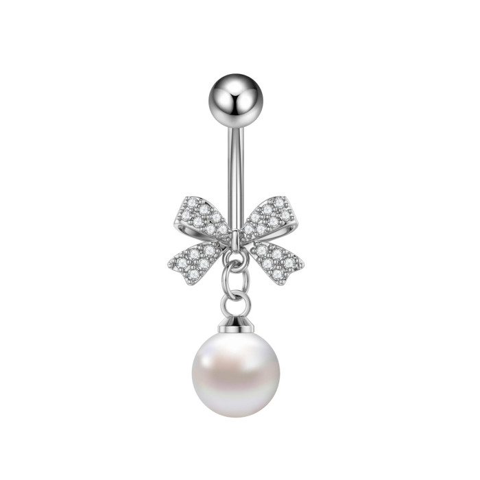 Cross-Border E-commerce New Pearl Heart-Shaped Snake Cross Pink Zircon Belly Button Ring Stainless Steel Zircon Belly Button Stud