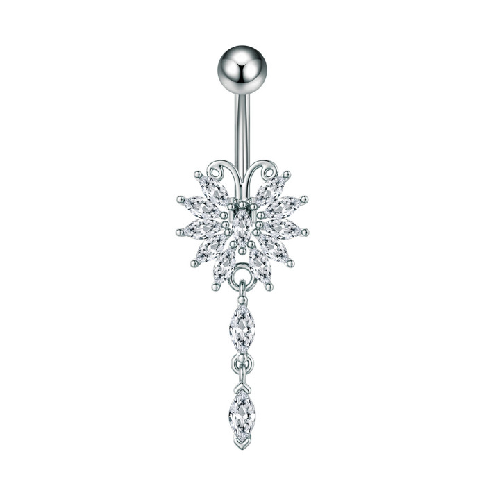 Cross-Border E-commerce New Style Swing Lotus Fox Colorful Zircon Belly Button Ring Stainless Steel Zircon Belly Button Stud
