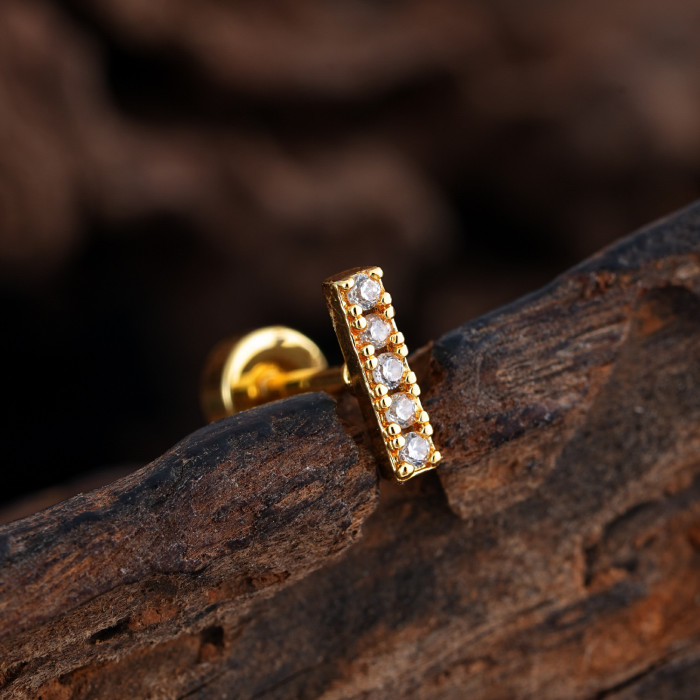 Cross-Border Minimalist Niche Micro Inlaid Zircon Ear Bone Studs Exquisite Real Gold Plated Ear Studs Piercing Jewelry 0.8*6*4mm