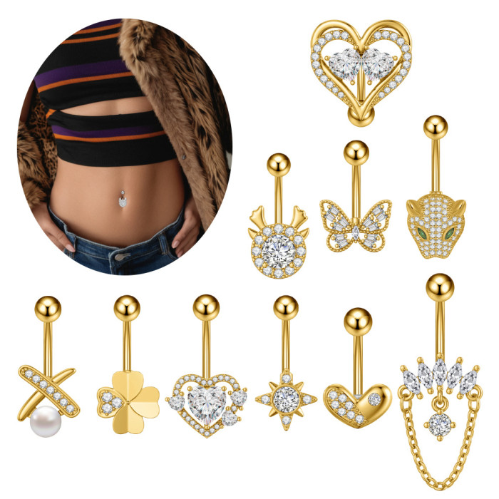 Cross-Border E-commerce New Stainless Steel Zircon Belly Button Ring Belly Button Stud Butterfly Pearl Chain Belly Button Ring Online Wholesale