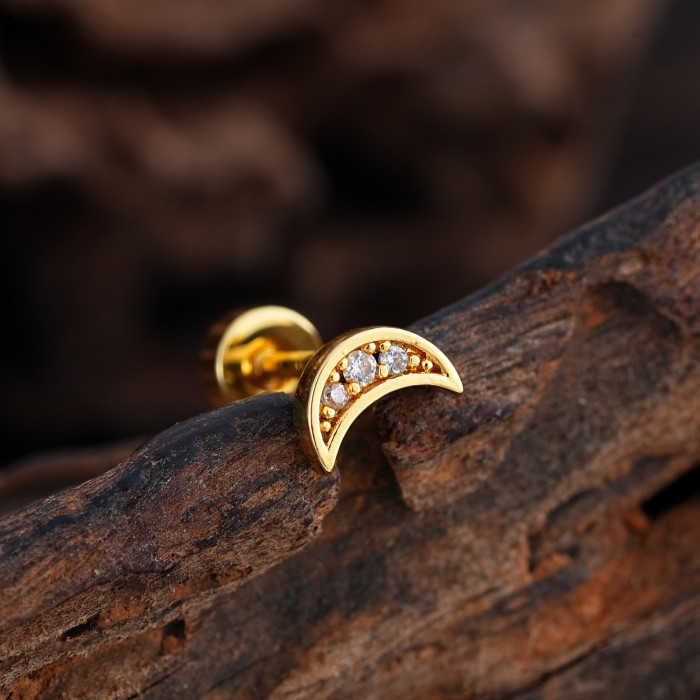 Cross-Border Minimalist Niche Micro Inlaid Zircon Ear Bone Studs Exquisite Real Gold Plated Ear Studs Piercing Jewelry 0.8*6*4mm