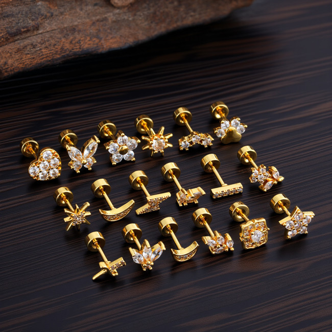 Cross-Border Minimalist Niche Micro Inlaid Zircon Ear Bone Studs Exquisite Real Gold Plated Ear Studs Piercing Jewelry 0.8*6*4mm