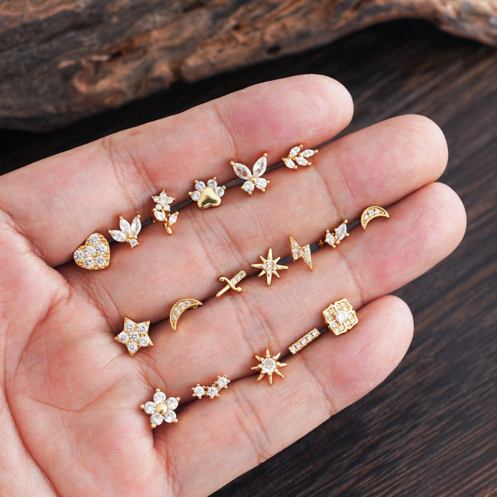 Cross-Border Minimalist Niche Micro Inlaid Zircon Ear Bone Studs Exquisite Real Gold Plated Ear Studs Piercing Jewelry 0.8*6*4mm