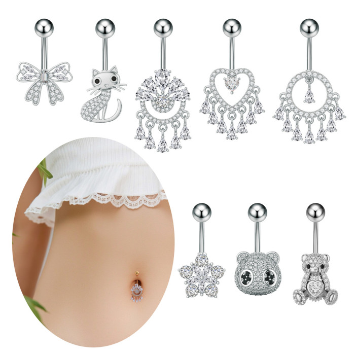 Cross-Border Stainless Steel Belly Button Ring Zircon Micro-Inlaid Little Panda Round Small Water Drop Personality Belly Button Piercing Jewelry
