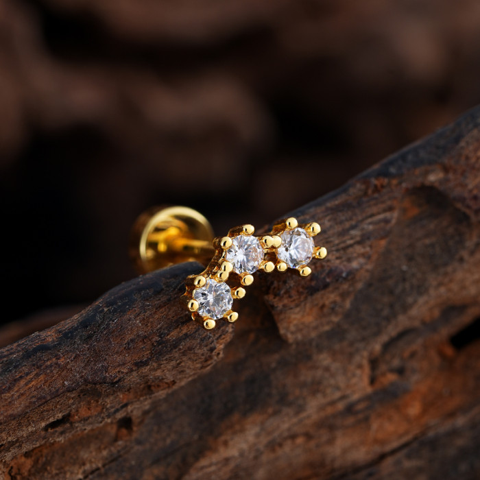 Cross-Border Minimalist Niche Micro Inlaid Zircon Ear Bone Studs Exquisite Real Gold Plated Ear Studs Piercing Jewelry 0.8*6*4mm