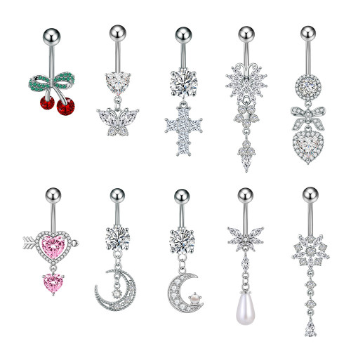 Cross-Border E-commerce New Cherry Pearl Moon One Arrow Through Heart Zircon Belly Button Ring Stainless Steel Zircon Belly Button Nail
