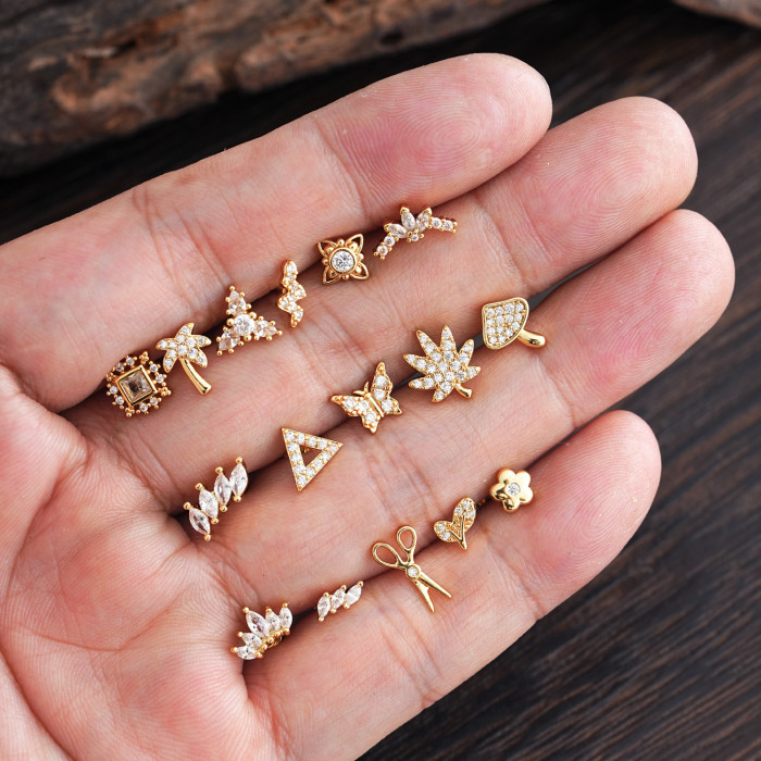 Elegant Simple Stainless Steel Zircon Ear Bone Stud Creative Fashion Real Gold Plated Ear Stud 0.8*6*4mm