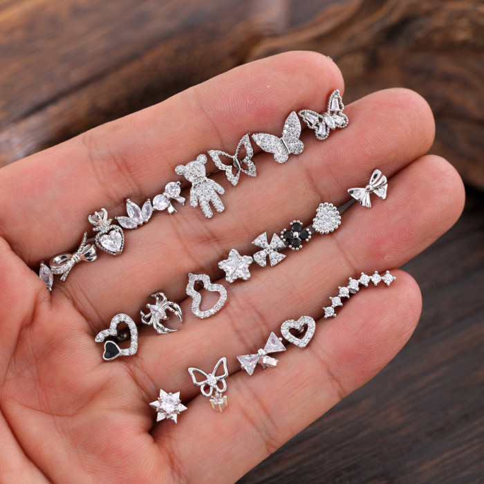 Minimalist Personality Stainless Steel Zircon Ear Bone Studs Exquisite Small Micro Inlaid Ear Studs Piercing Jewelry 0.8*6*4mm