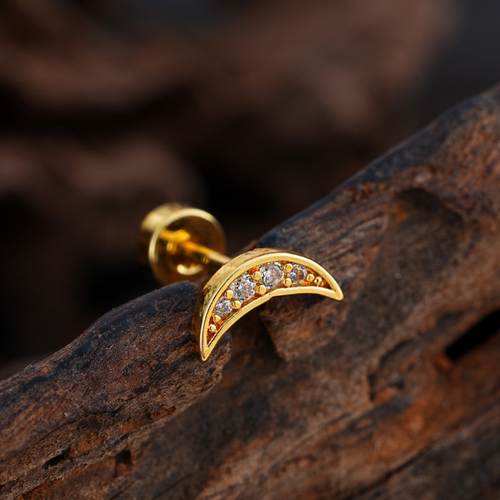 Cross-Border Minimalist Niche Micro Inlaid Zircon Ear Bone Studs Exquisite Real Gold Plated Ear Studs Piercing Jewelry 0.8*6*4mm