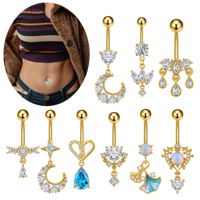 European and American Cross-Border New Stainless Steel Zircon Belly Button Ring Fashionable Personality Oil Drop Micro-Inlaid Belly Button Ring Belly Button Stud
