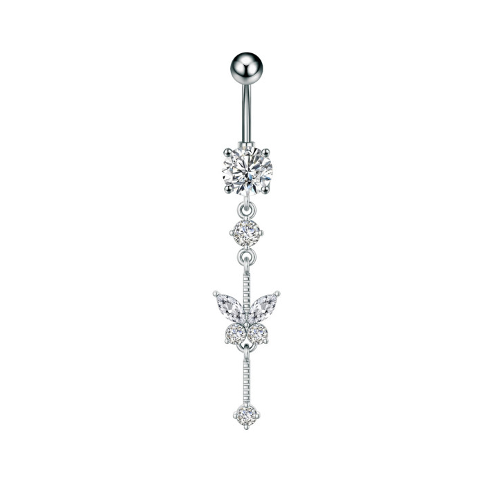 Cross-Border E-commerce New Product Navel Ring Copper Inlaid Zircon Heart-Shaped Water Drop Butterfly Pendant Navel Stud Body Piercing Jewelry