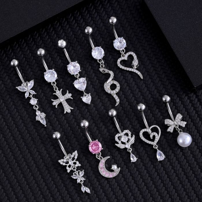 Cross-Border E-commerce New Pearl Heart-Shaped Snake Cross Pink Zircon Belly Button Ring Stainless Steel Zircon Belly Button Stud
