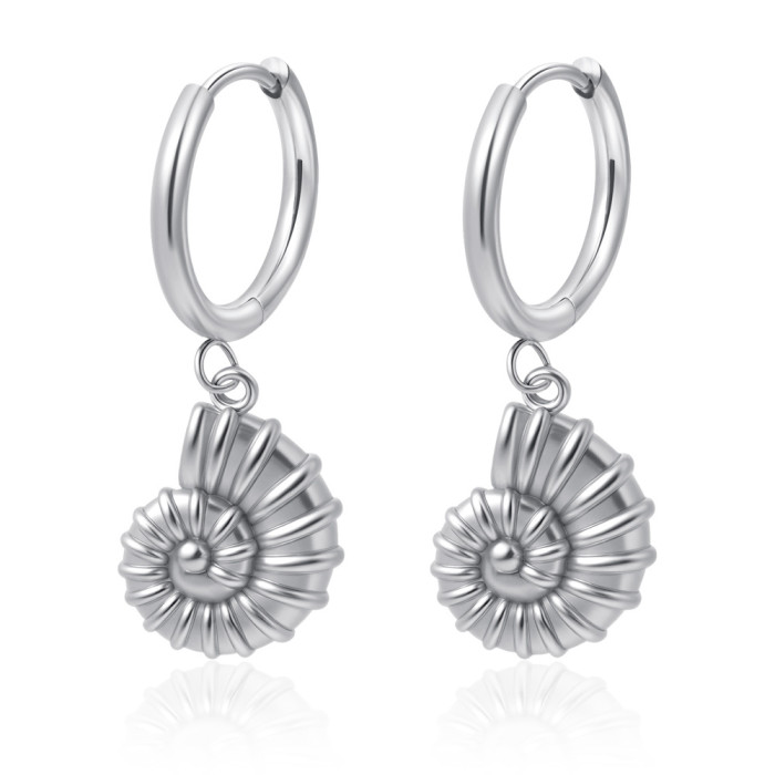 Fashion Stainless Steel Conch Pendant Earrings Set for Women Versatile 18K Ocean Style Titanium Steel Earrings Wholes...
