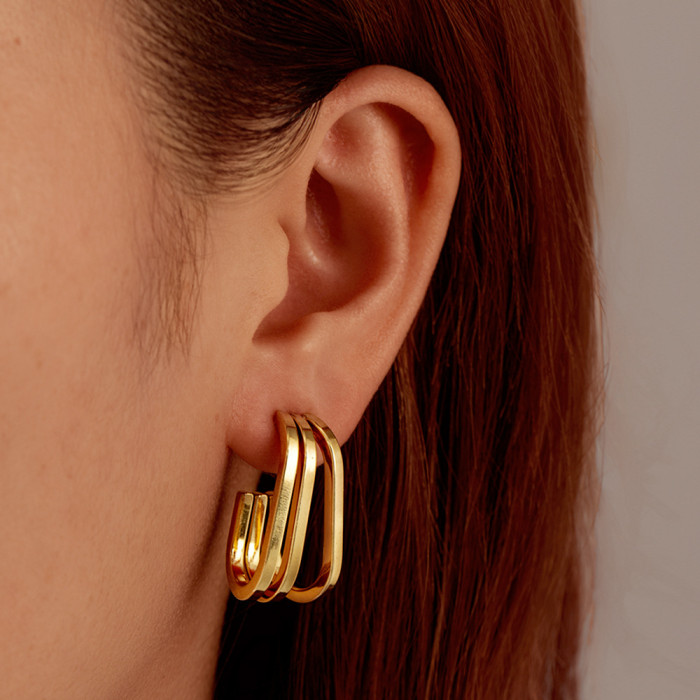 Cross-Border European and American Internet Celebrity Style Color-Retaining Stainless Steel Earrings Wholesale Double-Layer Line Geometric Stud Earrings Women's Jewelry