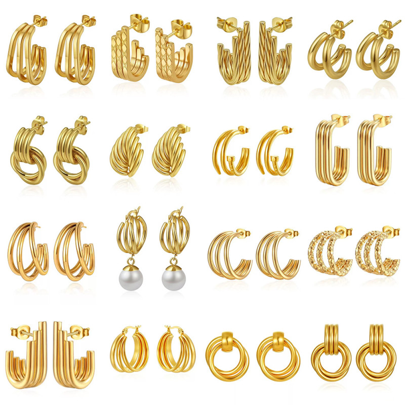 European and American Fashion Multi-layer Splicing Stainless Steel Earrings Light Luxury High-end Feel 18K Geometric Earrings Women's Trendy Hoop Earrings