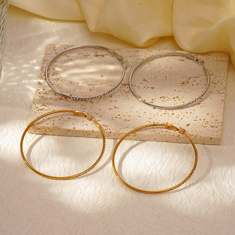 European and American Fashion Elegant Full Diamond Hoop Stainless Steel Earrings Women's Exaggerated Face Slimming Ear Jewelry Large Hoop Wholesale