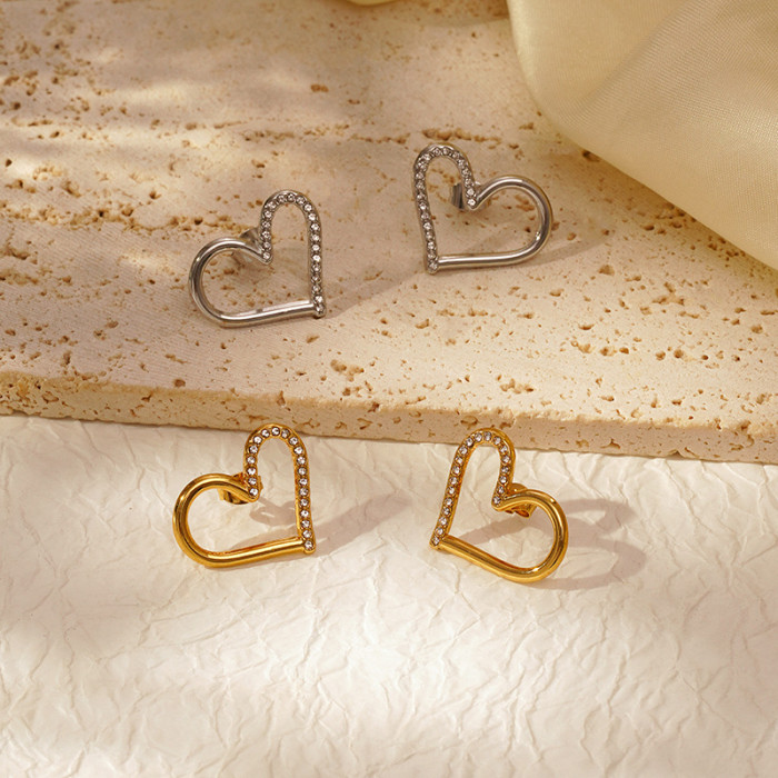 Heart-Shaped Stone-Studded Earrings for Women, Light Luxury High-End Feel, Heart-Shaped 18K Gold Plated Earrings, V...