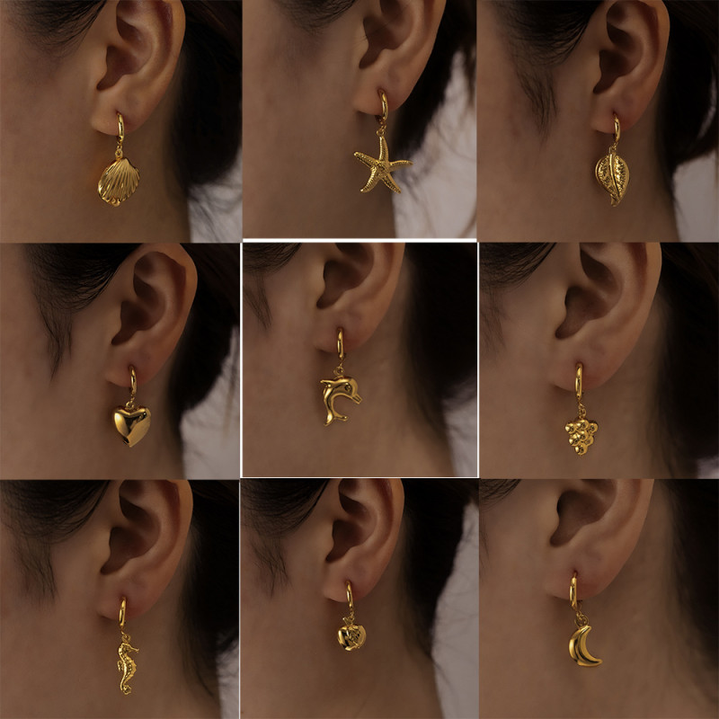 Qiaojin European and American Cross-Border Jewelry Stainless Steel Electroplated 18K Shell-Shaped Fashion Light Luxury Ear Clips Earrings Simple Ear Accessories