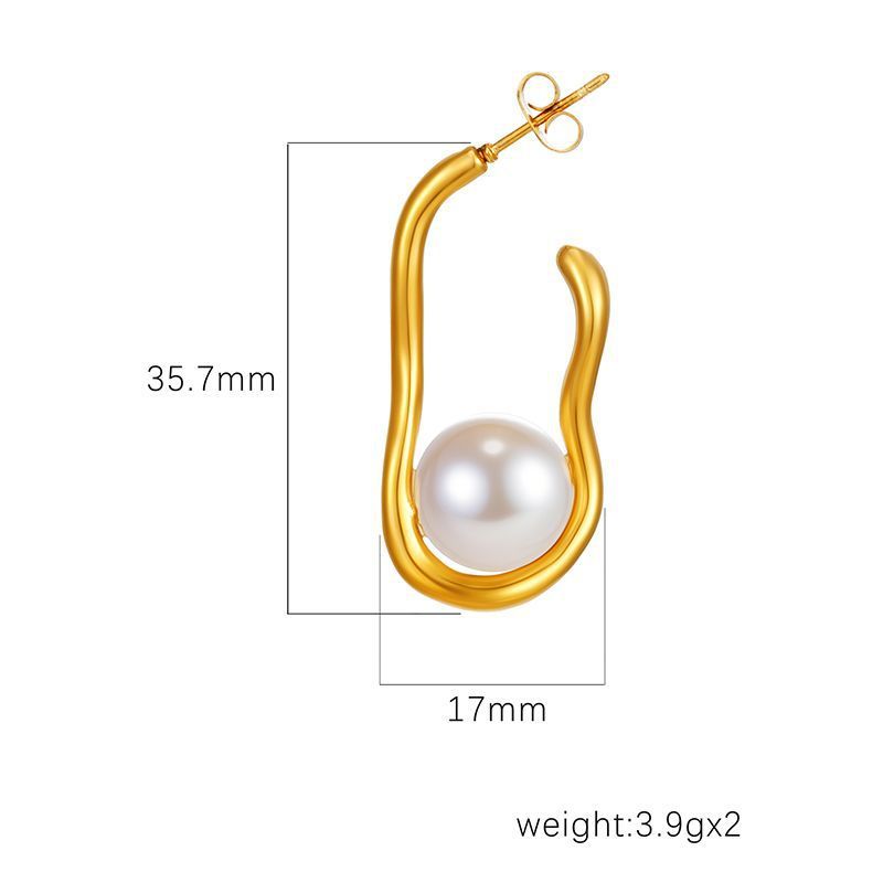 Cross-Border Direct Supply Oval Stainless Steel Earrings for Women, 18K Gold Plated, Large Pearl Earrings, Versatile High-End Earrings