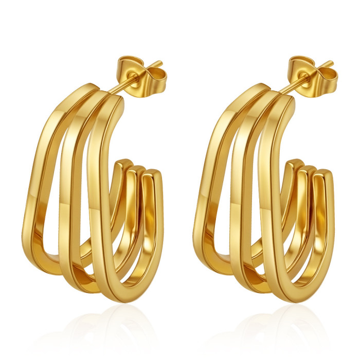 Cross-Border European and American Internet Celebrity Style Color-Retaining Stainless Steel Earrings Wholesale Double-Layer Line Geometric Stud Earrings Women's Jewelry