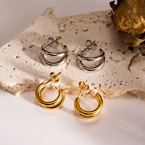 European and American Style Stainless Steel Double C-Shaped Earrings Fashion Commuting Cross-Border Earrings 18K Real Gold Women's Versatile Ear Jewelry