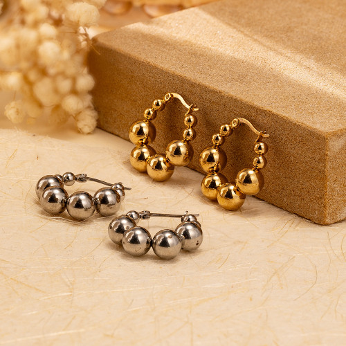Cross-Border Direct Supply Geometric Stainless Steel Small Steel Bead Earrings Women's Simple Trendy Round Gold-Plated Ear Jewelry Wholesale