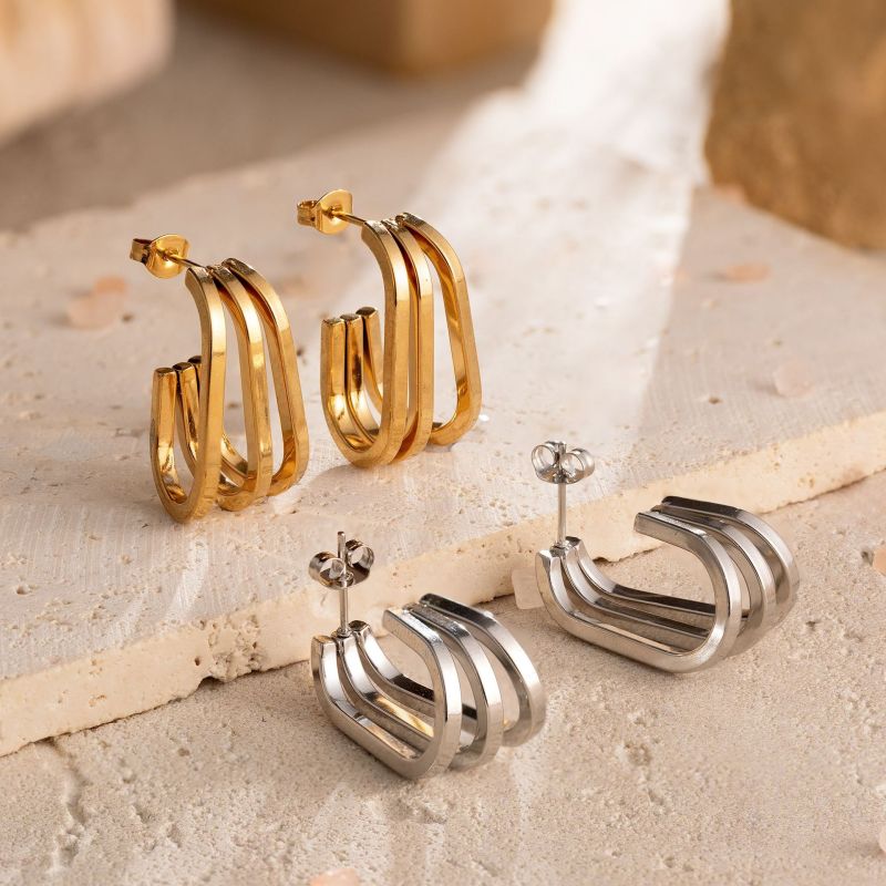 Cross-Border European and American Internet Celebrity Style Color-Retaining Stainless Steel Earrings Wholesale Double-Layer Line Geometric Stud Earrings Women's Jewelry
