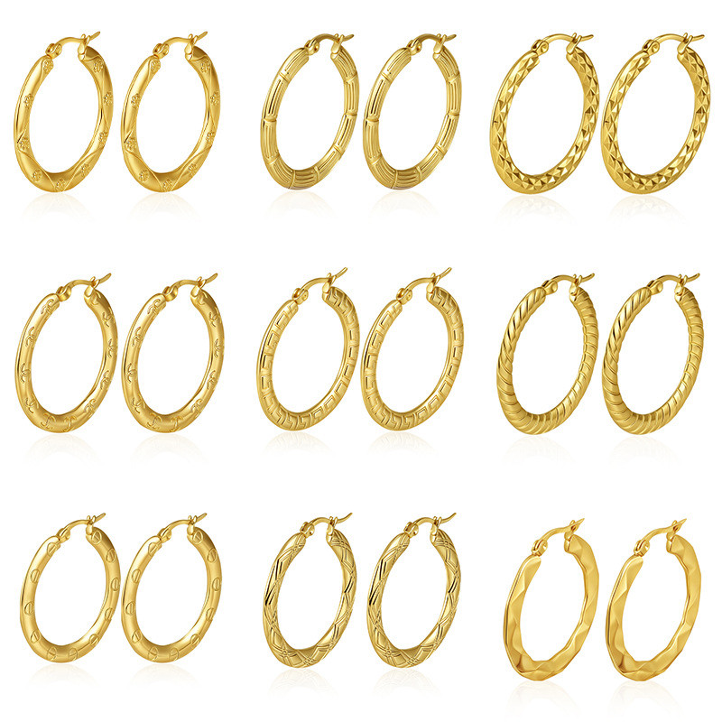 Cross-Border Direct Supply Round Stainless Steel Earrings Women's Trendy Embossed Stainless Steel Versatile Hoop Earrings 18K Earrings Wholesale