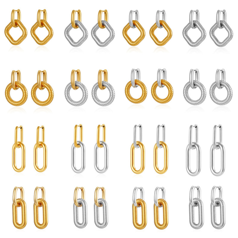Cross-Border Fashion Square Pendant Stainless Steel Ear Clips Women's High-End Oval Earrings 18K Plated Ear Jewelry Wholesale
