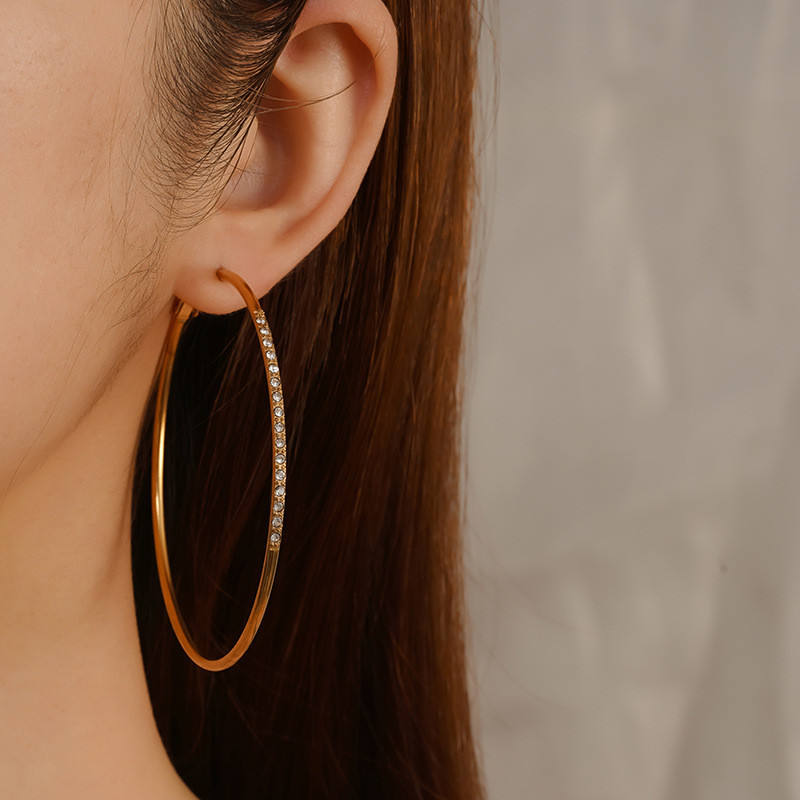 European and American Fashion Elegant Full Diamond Hoop Stainless Steel Earrings Women's Exaggerated Face Slimming Ear Jewelry Large Hoop Wholesale