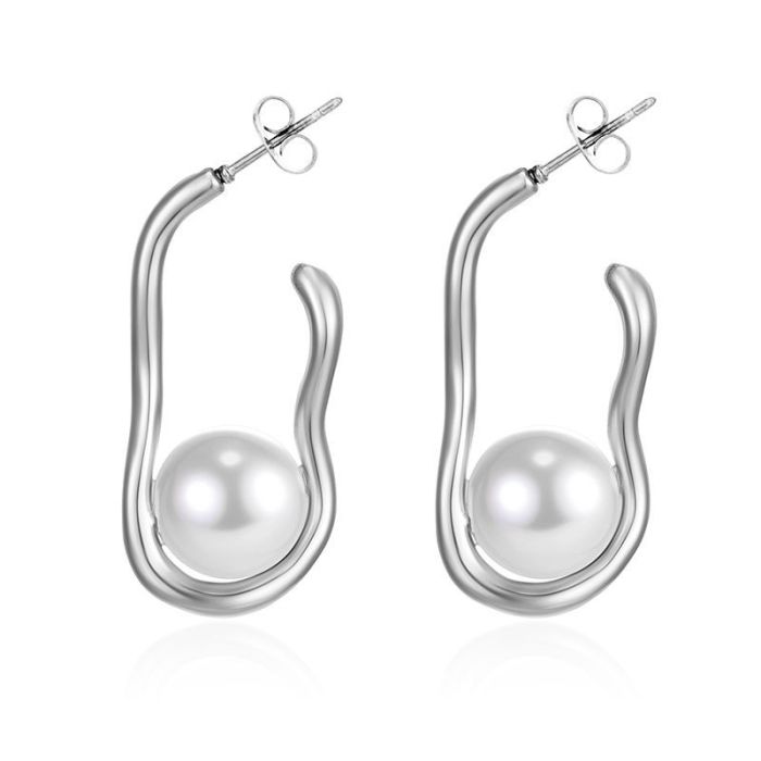 Cross-Border Direct Supply Oval Stainless Steel Earrings for Women, 18K Gold Plated, Large Pearl Earrings, Versatile High-End Earrings