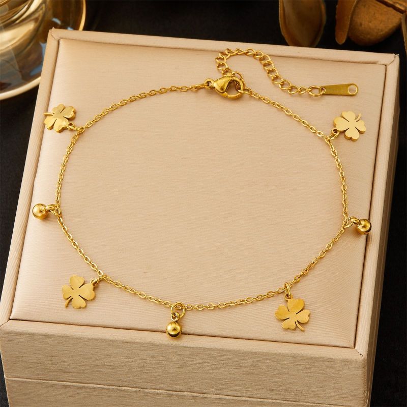 【Full Body Titanium Steel】Titanium Steel Gold Four-Leaf Clover Anklet for Women European and American Style Fashion Light Luxury Foot Chain Color Retention Electroplating