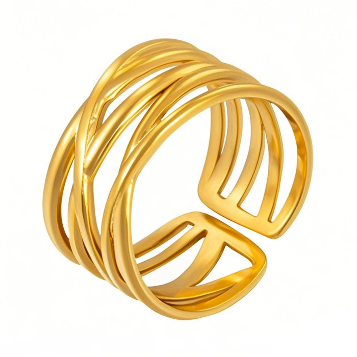 European and American INS Style Simple 18K Gold Plated Line Cross Stainless Steel Open Ring Niche Design Versatile Ring