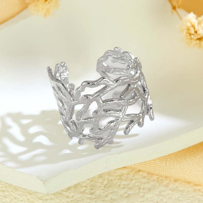 European and American Cross-Border Personality Design Irregular Hollow Wide Version Ring High-End Minimalist Style Stainless Steel Ring for Women