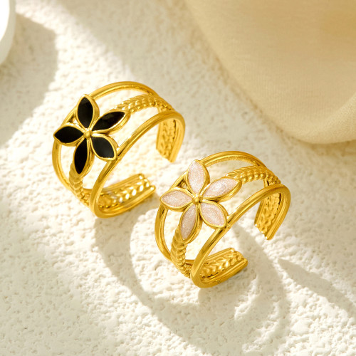Minimalist Retro Titanium Steel Open Ring for Women, Unique Design with Flower Enamel, Elegant Stainless Steel Ring