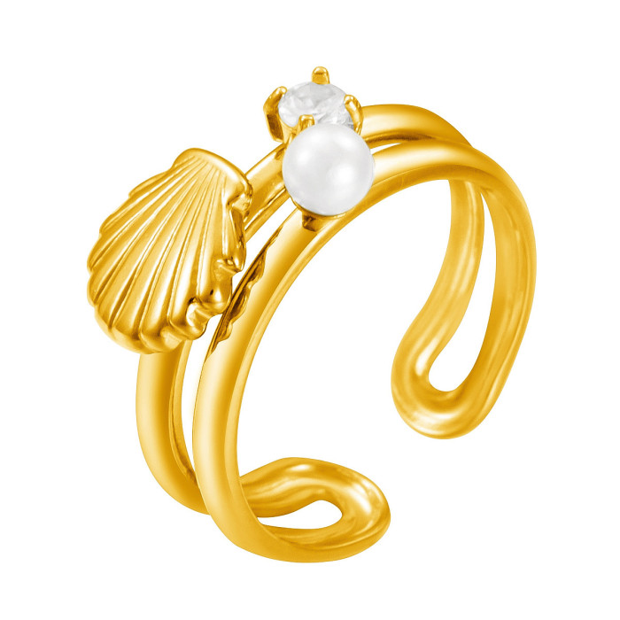 Stainless Steel 18K Gold Scallop Ring Inlaid with Imitation Pearls Seaside High-End Ins Metal Feel Exaggerated Ring