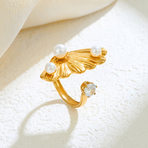 European and American Cross-Border Ginkgo Leaf Beaded Open Ring High-End Luxury Stainless Steel Hydraulic Ring Jewelry Wholesale