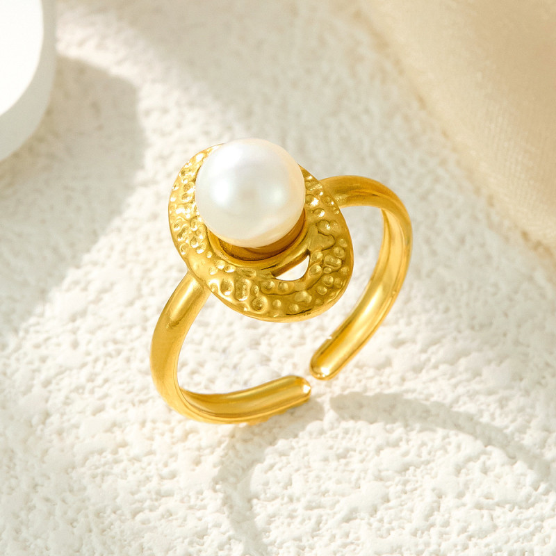 Cross-Border European and American Fashion Trendy Stainless Steel Hydraulic Ring High-End Geometric Oval Inlaid Bead Open Ring Trend