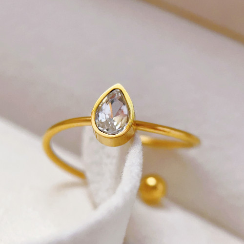 Water Drop European and American Style Creative Heart Zircon Adjustable Open Ring for Women Stainless Steel Light Luxury Jewelry In Stock