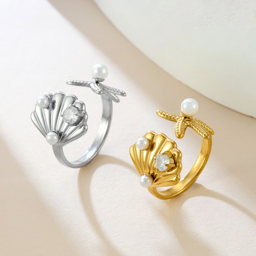 Cross-Border Light Luxury Summer Scallop Inlaid White Beads Stainless Steel Ring for Women 18k Gold Non-Fading Exquisite Small Jewelry
