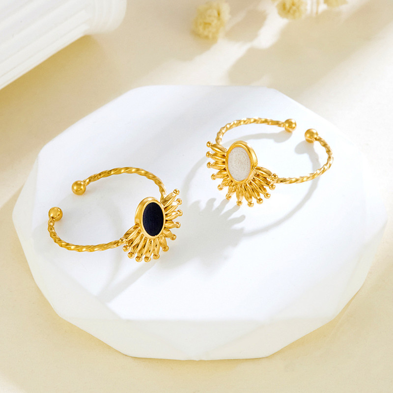 European and American Black and White Enamel Geometric Round Sunflower Stainless Steel Ring Vintage Open Non-Fading Oil Drop Ring Trendy